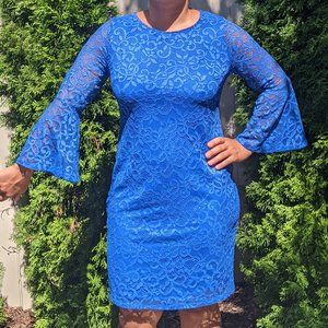 ALFANI Blue Lace Bell Sleeve Sheath Dress S:10